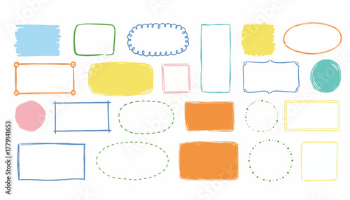 Collection of Hand-Drawn Rectangular and Oval Frames in Various Pastel Colors and Styles