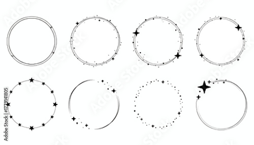 Elegant collection of black circular frames with stars and sparkles. Minimalist hand-drawn round vector borders and wreaths for logos and decoration