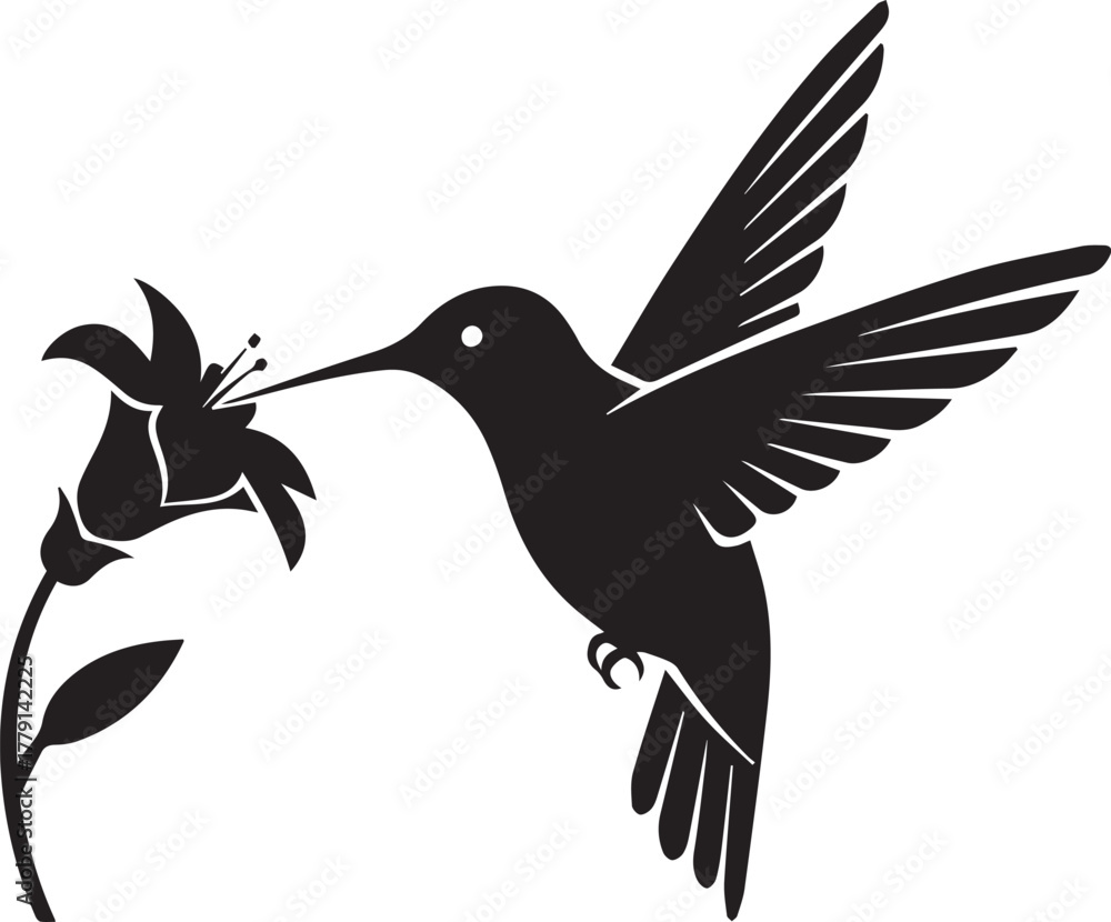 Fototapeta premium Silhouette of a hummingbird feeding on a flower fluttering wings captured in motion