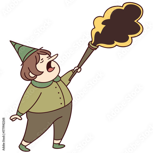 A cartoon character in a green hat blowing a horn that emits dark smoke.