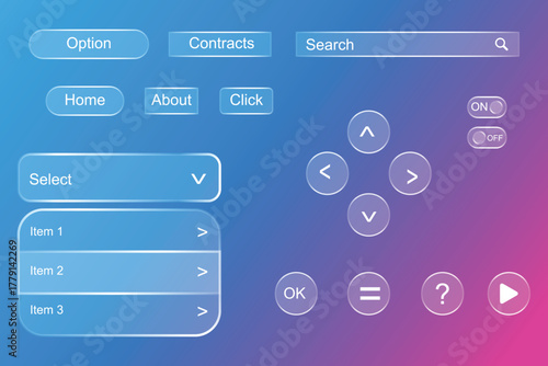 Glassmorphism ui set: transparent frosted buttons, search, dropdown, navigation, toggles, controls on blue-purple gradient for modern web and app design.