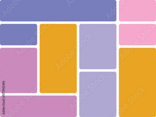 Abstract geometric mosaic with rectangular shapes in purple pink and orange colour palette