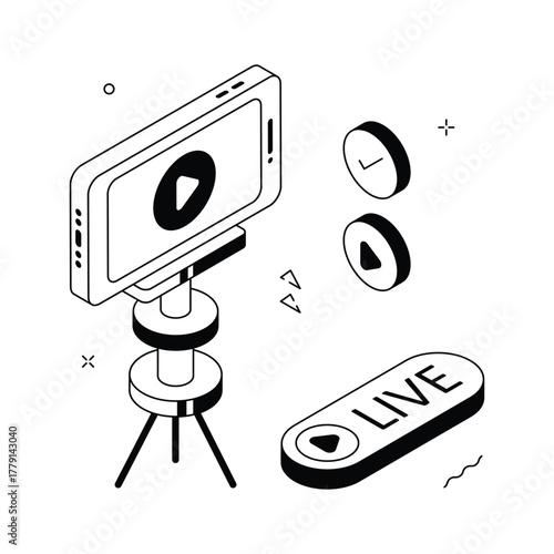 Isometric live streaming illustration with camera setup for online broadcasting