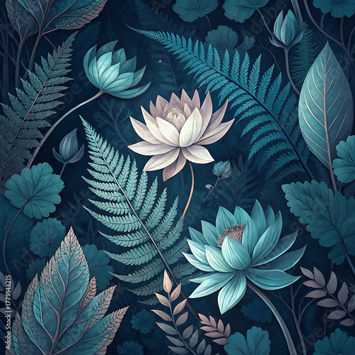 Dreamy floral pattern with water lilies and ferns in deep blue and teal tones illustration