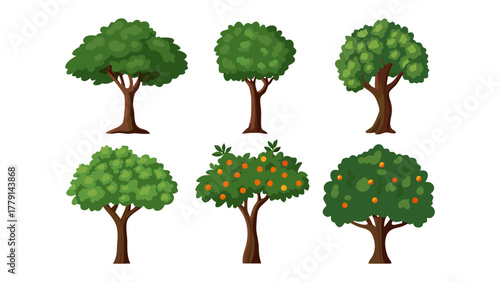 Various Trees in Array: A vibrant array of diverse trees, each uniquely shaped with lush green canopies, providing a symbol of natural beauty and environmental diversity.