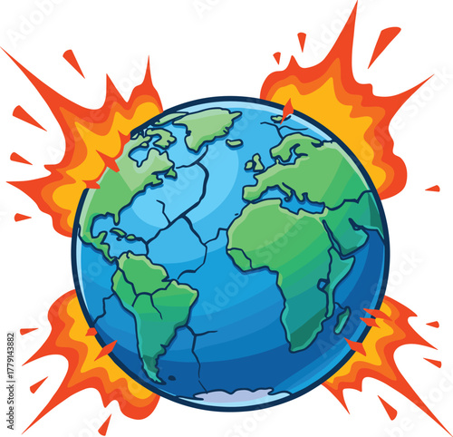 Cartoon Earth exploding with fiery blast and heat flames, global warming environmental destruction and climate change illustration
