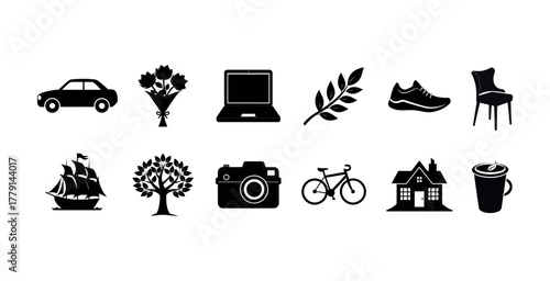 Common daily item black silhouette vector icons, isolated set