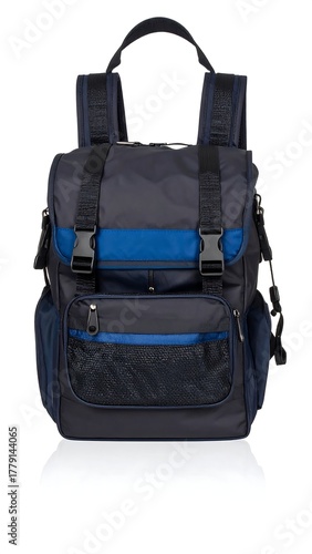 Modern, multi-compartment backpack with blue accents and black straps