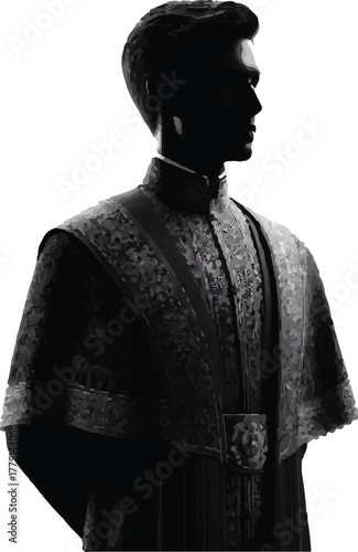 A monochrome illustration of a Filipino man dressed in 1800s fashion from the Philippines.