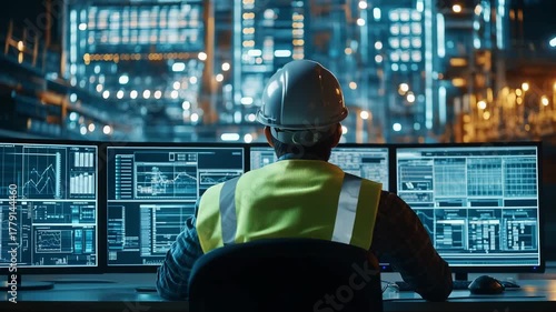 Operator closely monitors systems and data on several large screens in a high tech control room environment