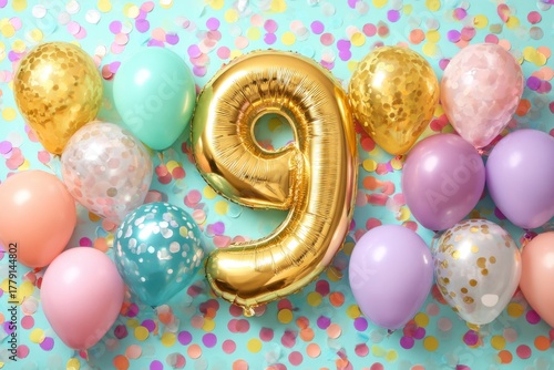 Colorful Celebration With Gold Balloon Number Nine and Confetti