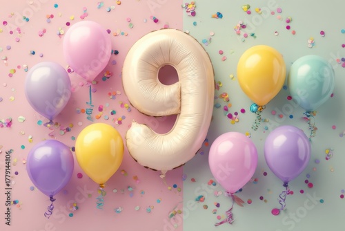 Celebration of a Ninth Birthday with Colorful Balloons and Confetti