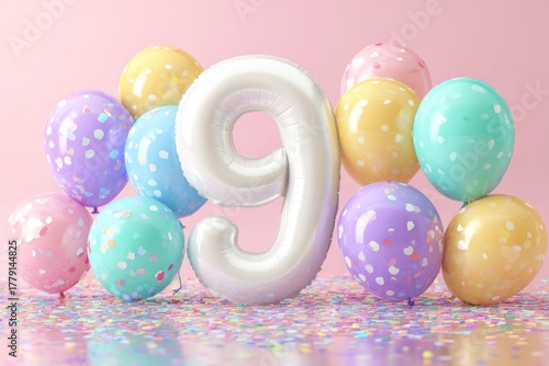Festive Pink Background with Colorful Balloons and Number Nine