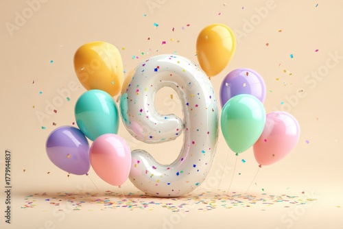 Colorful Balloons and Metallic Nine Helium Balloon with Confetti