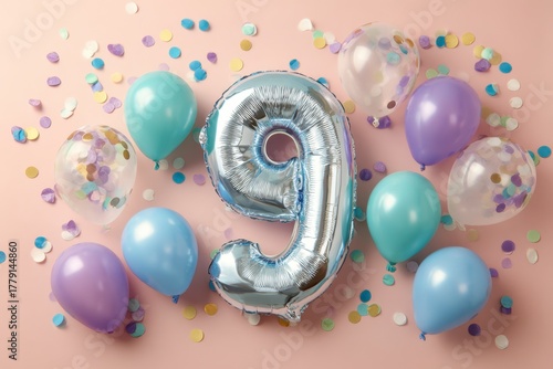 Colorful Party Scene with Number Nine Balloon and Confetti Elements