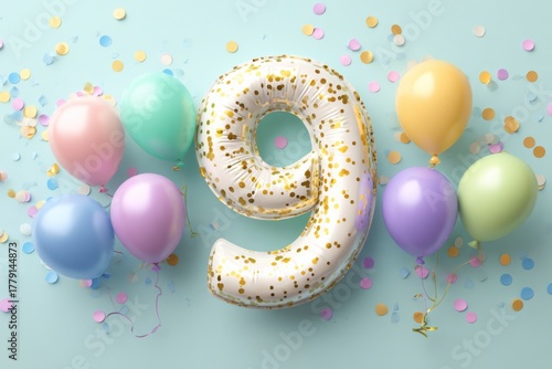 Colorful Birthday Celebration with Gold Confetti and Number Nine
