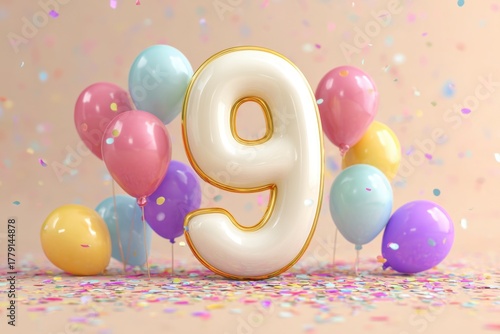 Colorful Number Nine Balloon Display with Party Decorations and Confetti