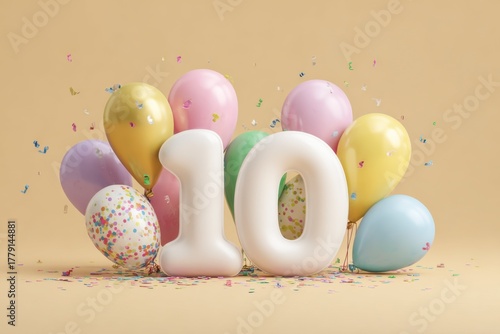 Celebration with Colorful Balloons and Number Ten on a Yellow Background