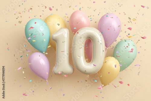 Colorful Celebration of Tenth Birthday with Balloons and Confetti