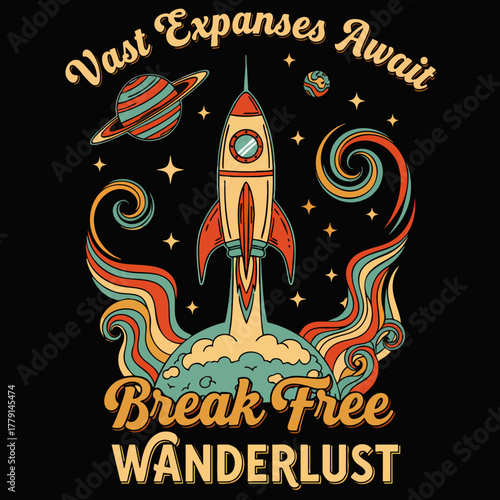 A retro-style illustration depicts a rocket ship blasting off from Earth, surrounded by stars and planets, evoking a sense of adventure.