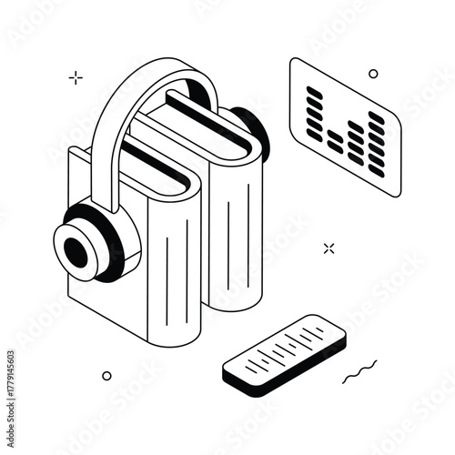 Isometric illustration of audiobook with headphones and book, digital learning and entertainment concept