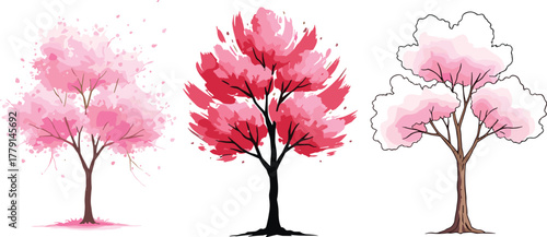 Vibrant cherry blossom trees illustration, pink sakura floral art design, spring nature background, Japanese garden scenery, blooming beauty concept