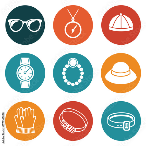 Illustration of accessories including sunglasses watch necklace hat bracelet gloves and belt in circles