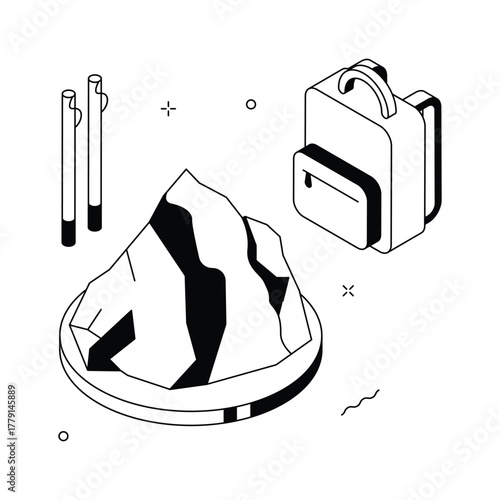 Isometric hiking illustration with backpack and mountain, modern vector
