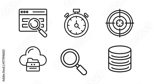 Data analysis, search, performance, and cloud technology icons
