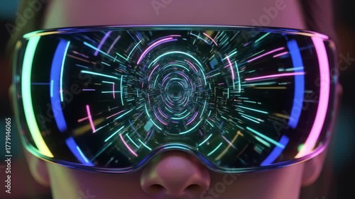 Futuristic VR headset with neon lights and digital tunnel, immersive virtual reality experience