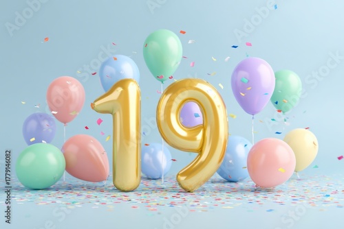 Festive Celebration with Golden Number Balloons and Colorful Confetti