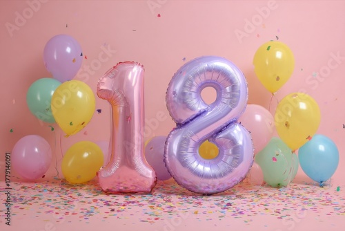 Colorful Balloons and Number Eighteen for Celebration Event
