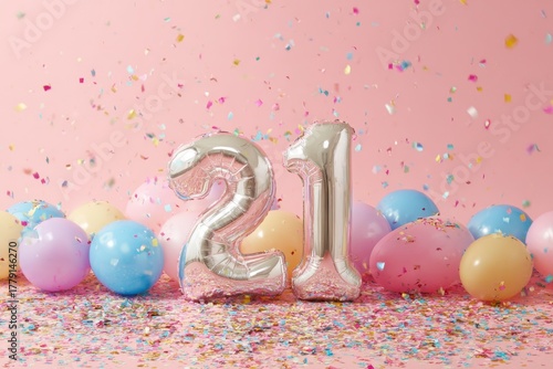 Festive Celebration with Pink Background and Colorful Balloons for 21st