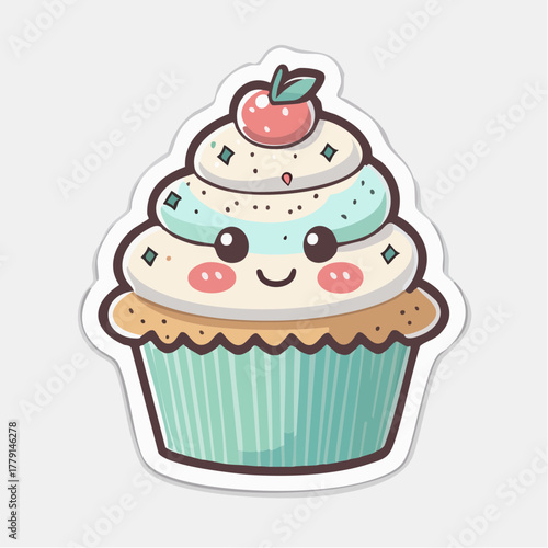niedlicher Cupcake mit Kirsche - Sticker im Kawaii Design
