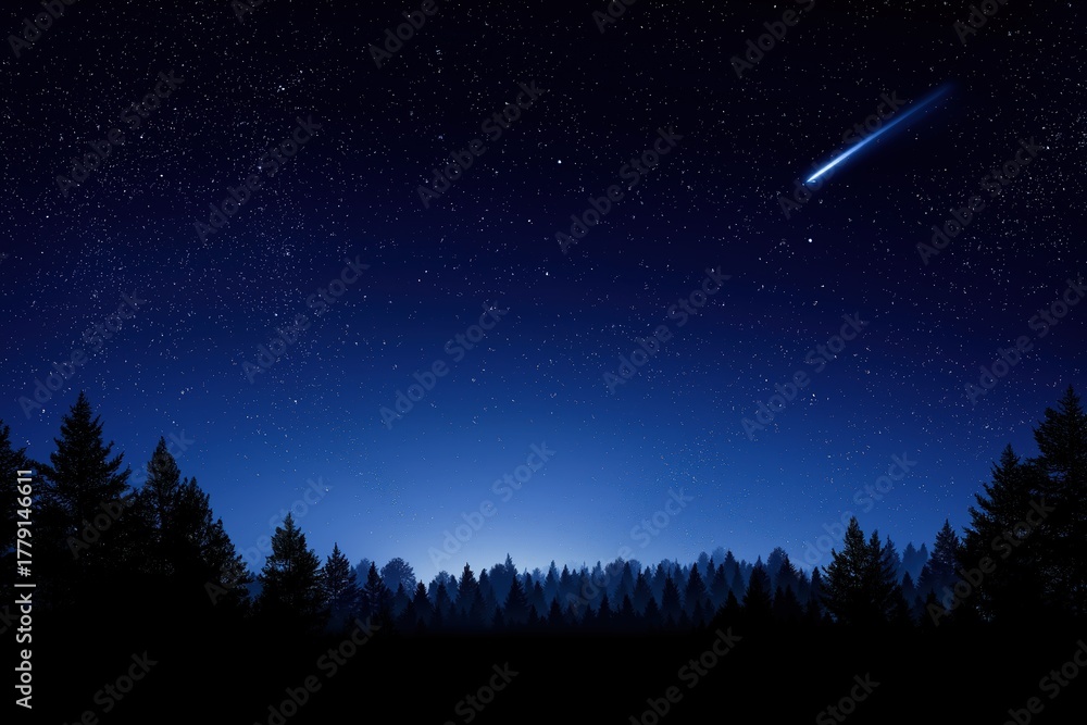 Fototapeta premium starry night sky with a shooting star over a forest silhouette. nighttime view of a blue sky full of stars and a comet. 