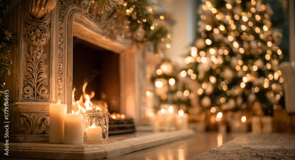 custom made wallpaper toronto digitalCozy fireplace candlelight warm glow holiday tree festive bokeh bring calm joy