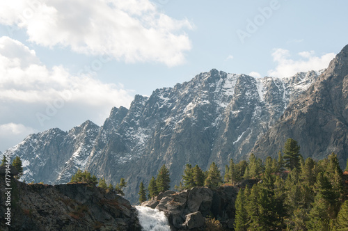 Morning view of Kuiguk valley in the Altai mountains with Kuiguk waterfall, the Altai Republic, Russian Federation