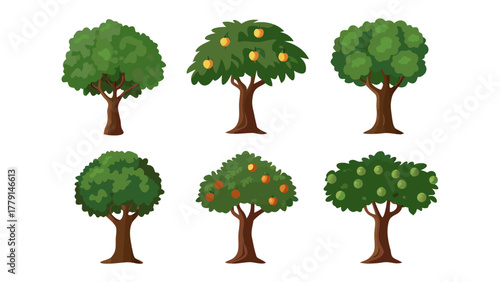 Diverse Tree Array: A set of six unique trees, each a vibrant display of different foliage and fruit, representing the variety of nature.