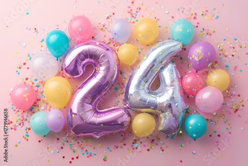 Colorful Celebration with Number Balloons and Confetti on Pink Background
