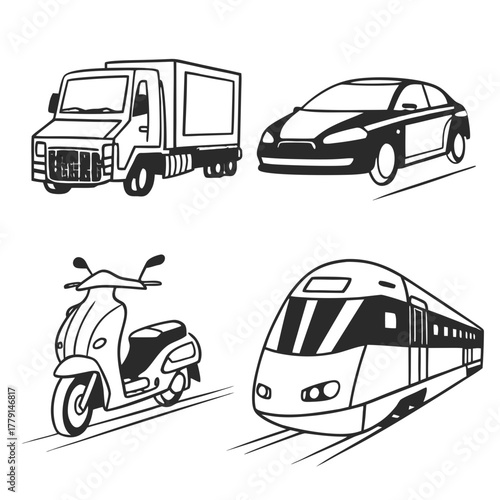 Dynamic collection of transportation vehicles including a truck, car, scooter, and high-speed train, perfect for travel and logistics projects.