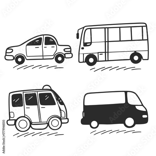 Charming hand drawn collection of vehicles including a car, bus, police car, and van, perfect for educational or playful design projects