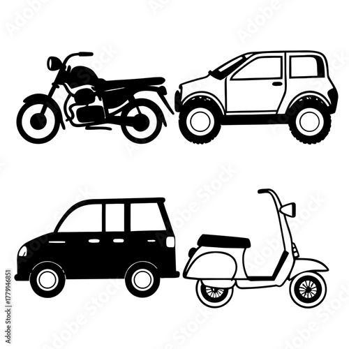 Dynamic collection of diverse vehicles including a motorcycle, SUV, car, and scooter showcasing modern transportation styles
