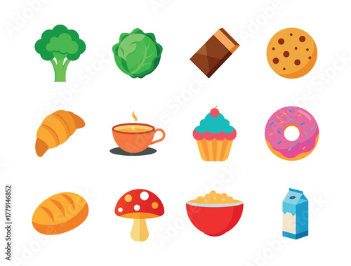 Colorful food icon set featuring vegetables, sweets, and drinks