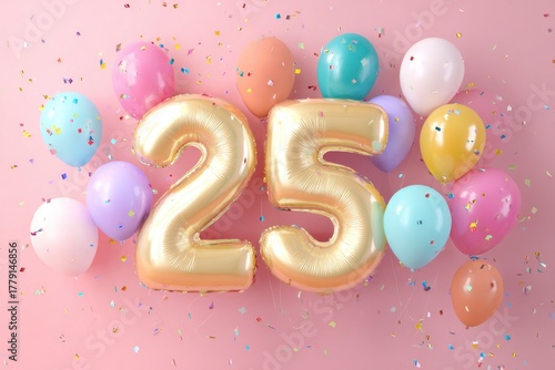 Colorful 25th Birthday Celebration with Balloons and Confetti