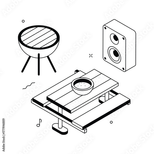Isometric BBQ party illustration with grill, table, and speaker, outdoor entertainment
