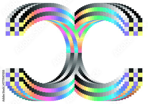 Photos Pixel art illustration with curved mirrored shapes featuring a colorful gradient and 3D depth, designed as an abstract geometric key visual for digital and graphic design