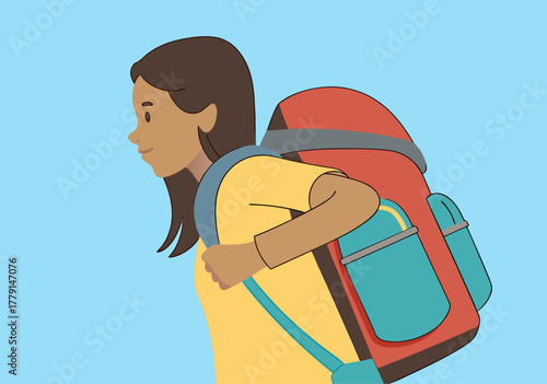 Schoolgirl with Heavy Backpack, Side Profile Illustration