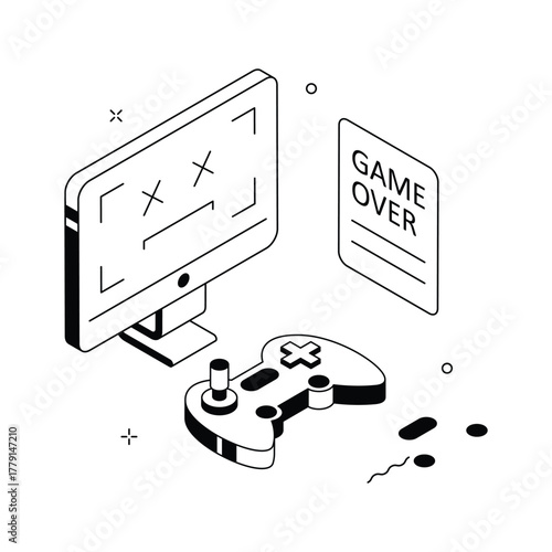Grab this amazing isometric illustration of game over, digital fun and entertainment