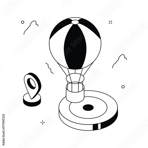 3D isometric hot air balloon illustration, travel, adventure, and entertainment