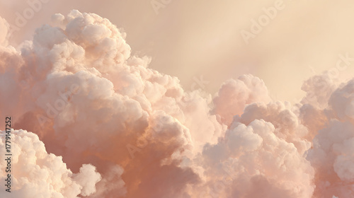 A breathtaking view of fluffy clouds filling the sky with gentle colors, creating a peaceful scene